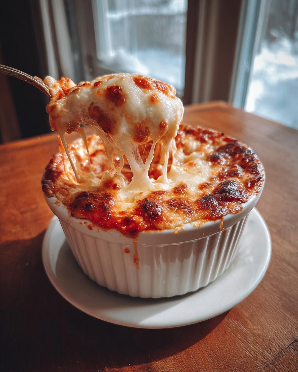A spoonful of hot pizza dip is lifted from a white ramekin, showing long, gooey cheese pulls.