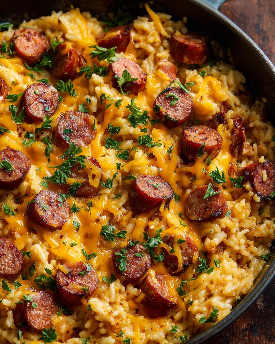A close-up overhead view of a skillet filled with cheesy sausage and rice, topped with melted cheddar and fresh parsley.