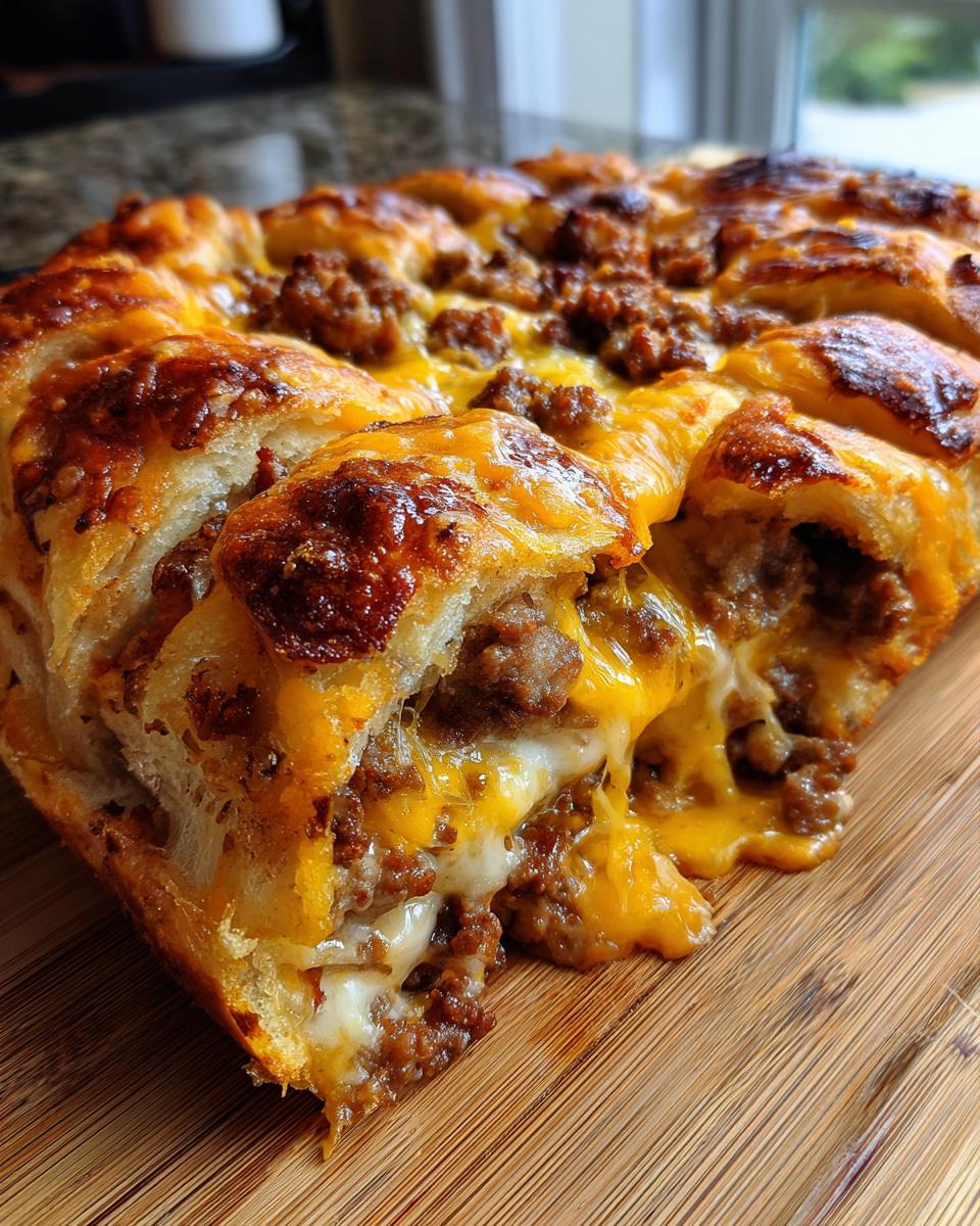 Close-up of freshly baked garbage bread showing cheesy, meaty filling oozing out onto a wooden board.