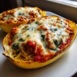 Two halves of baked spaghetti squash filled with meat sauce and topped with melted mozzarella cheese, resembling spaghetti squash lasagna.