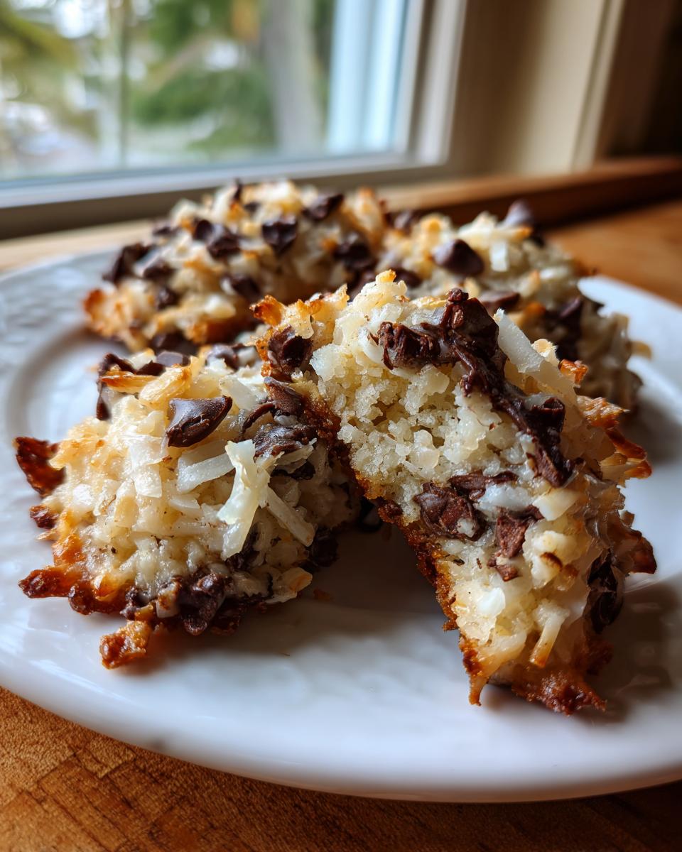 A close-up of two halves of a chewy almond joy cookie showing shredded coconut and melted chocolate chips.