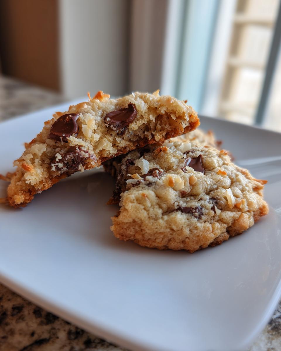 A close-up of two almond joy cookies, one broken in half to show the chewy interior with chocolate chips and coconut.