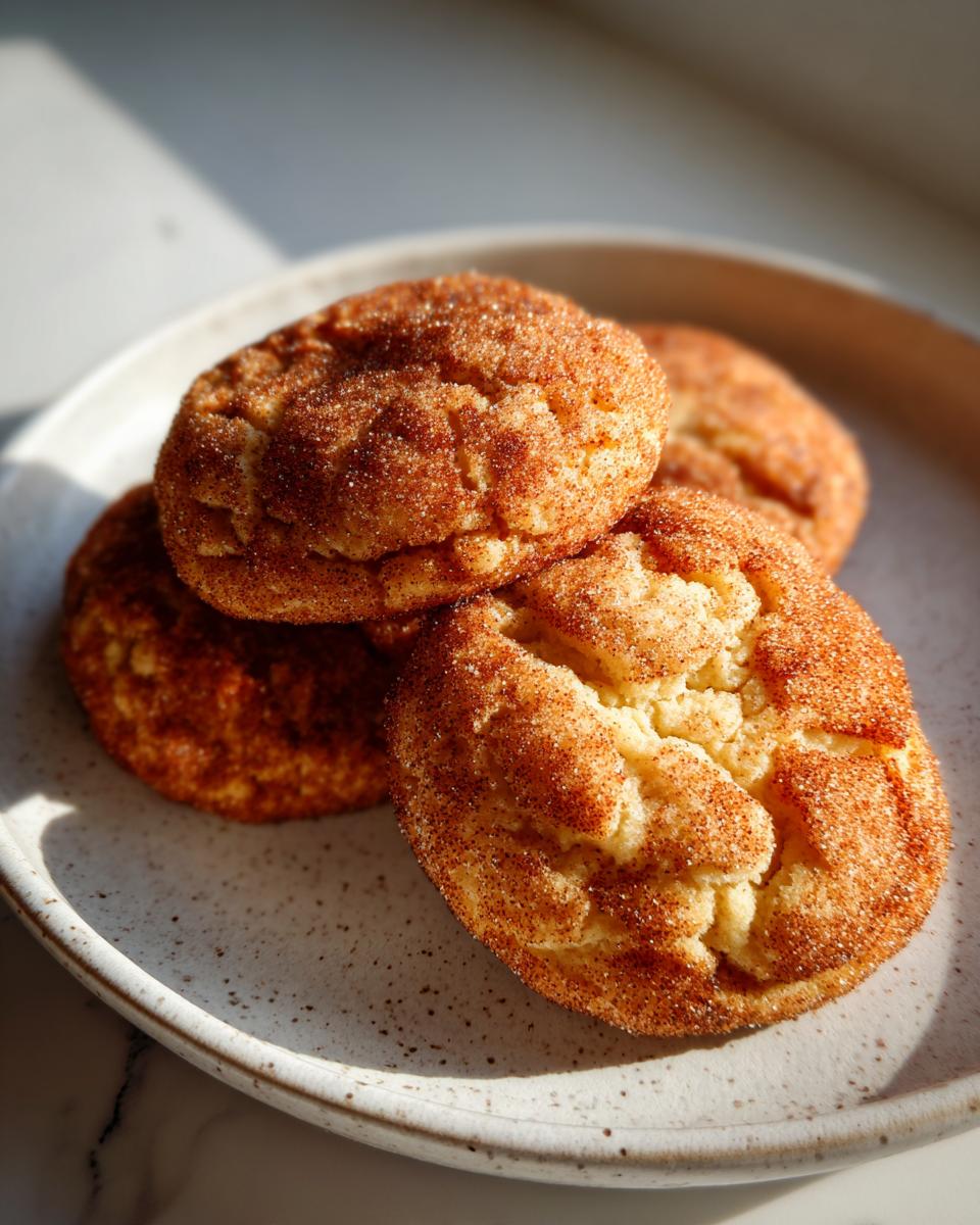 A stack of three soft, chewy Snickerdoodle cookies coated heavily in cinnamon sugar, resting on a speckled white plate.