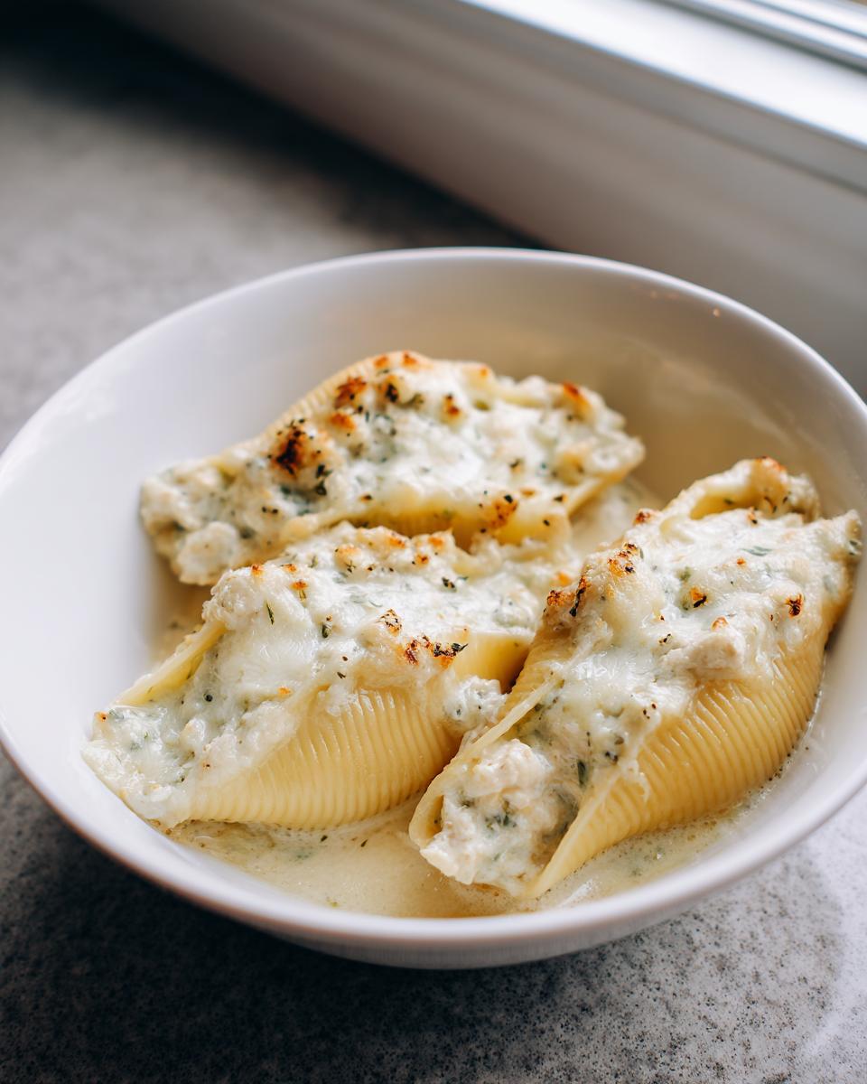 Three baked chicken alfredo stuffed shells overflowing with creamy white sauce and browned cheese in a white bowl.