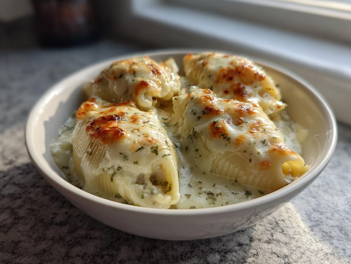 Four baked chicken alfredo stuffed shells covered in creamy alfredo sauce and melted, browned cheese.