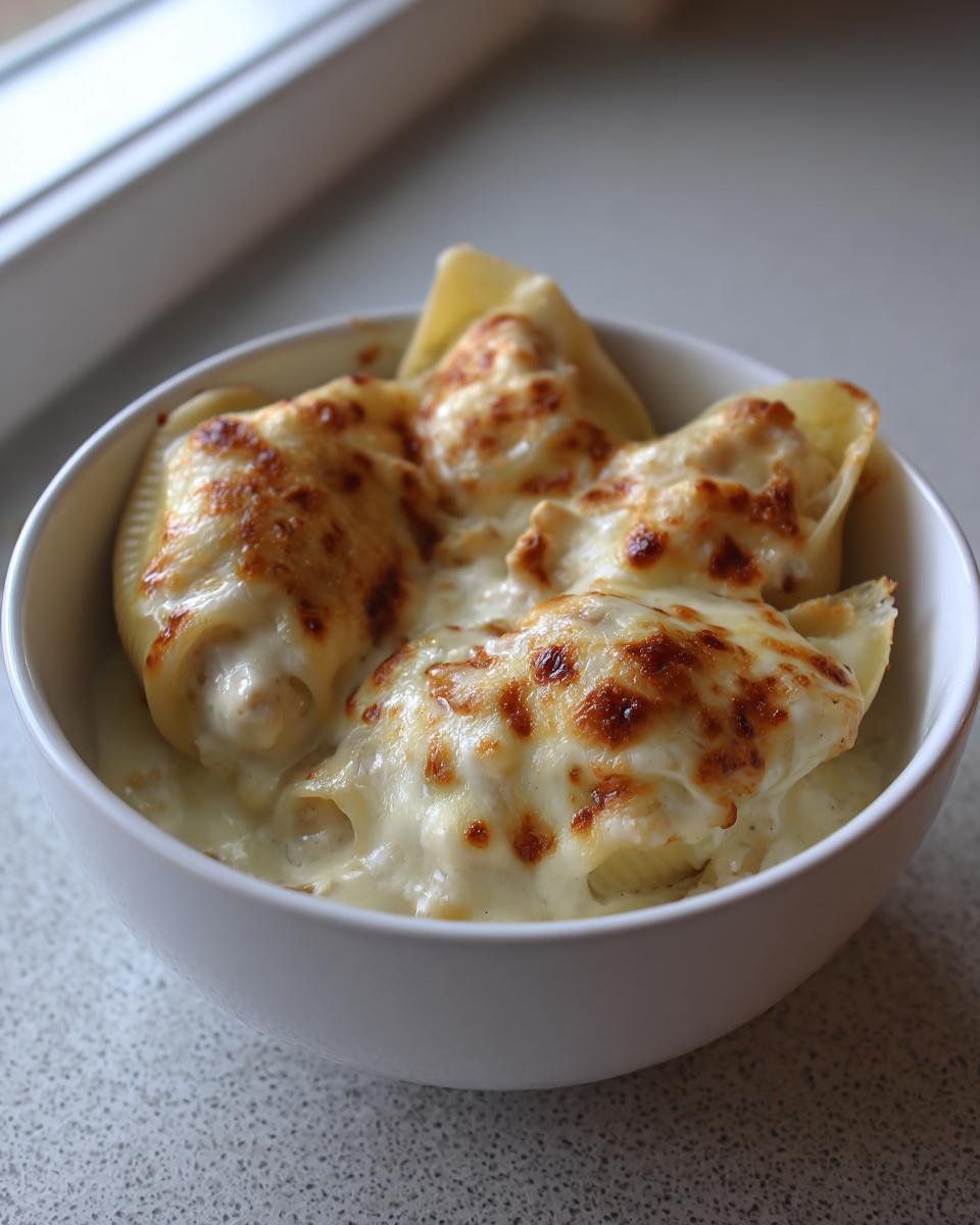 Close-up of three baked chicken alfredo stuffed shells swimming in creamy sauce, topped with bubbly, browned cheese.
