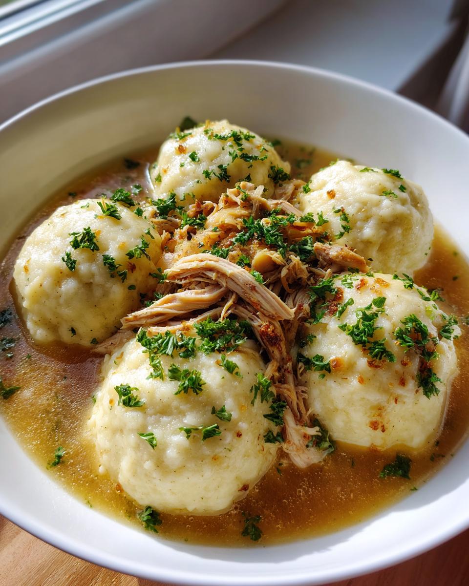 Close-up of a bowl of chicken and dumpling, featuring four large dumplings, shredded chicken, and fresh parsley garnish.