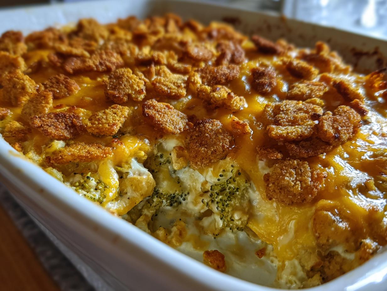 Close-up of a bubbling chicken broccoli casserole topped with melted cheddar cheese and crispy cornflakes.