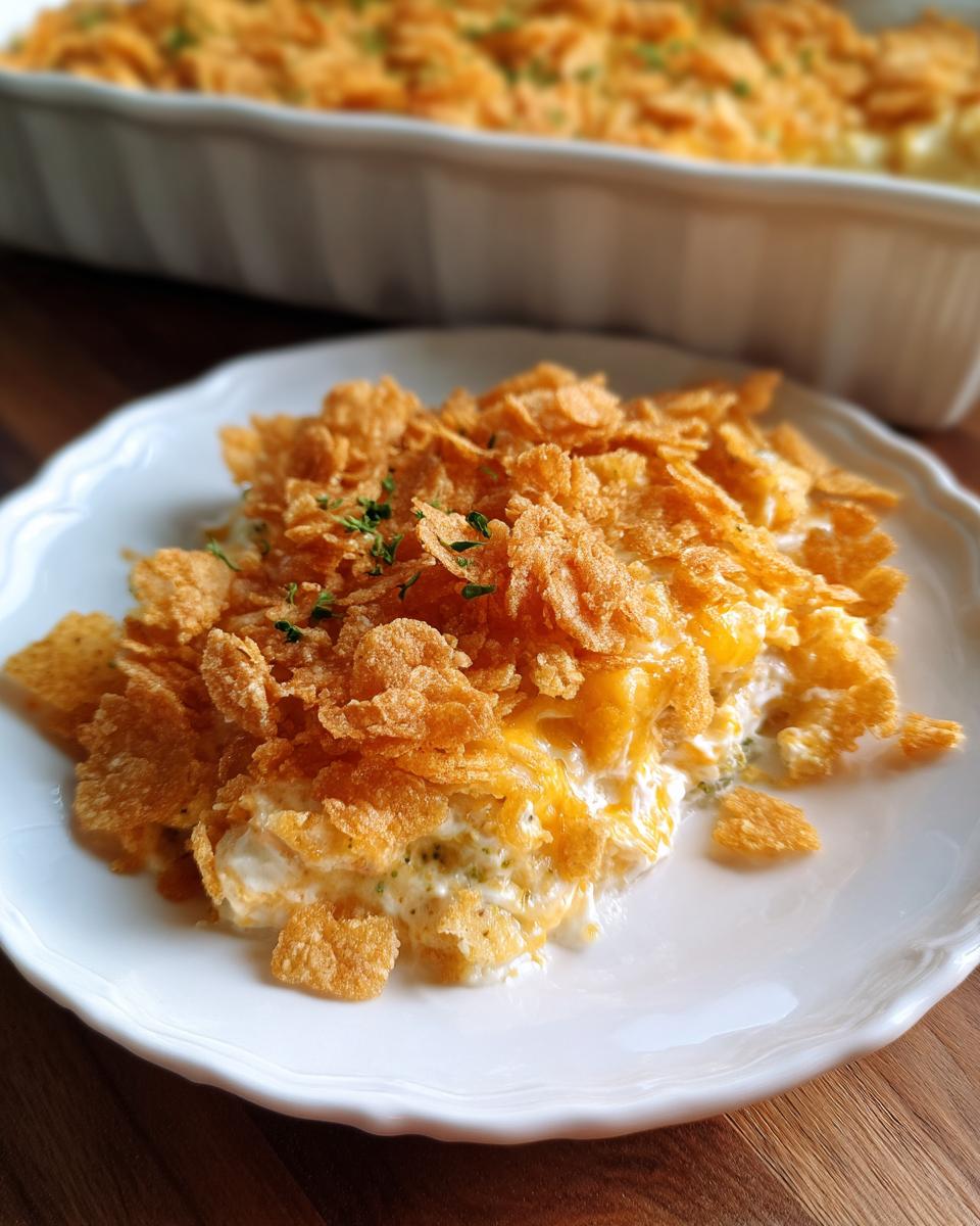 A serving of creamy chicken broccoli casserole topped with crispy cornflakes and melted cheddar cheese.