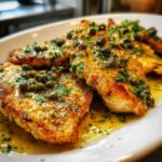 Close-up of golden-brown chicken piccata fillets smothered in lemon-butter sauce and topped with capers and parsley.