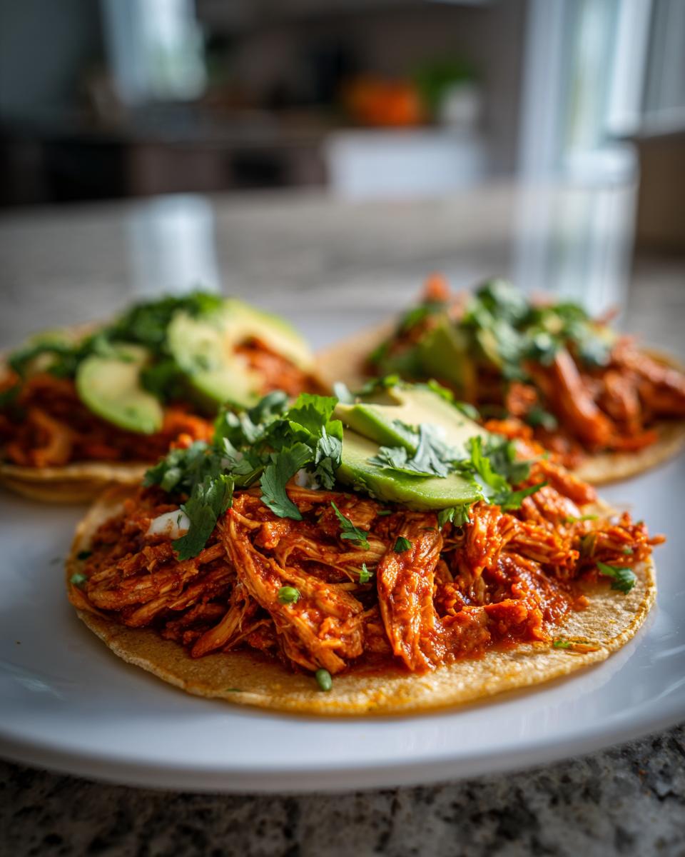 Three delicious chicken tinga tacos topped with fresh avocado slices and cilantro on a white plate.