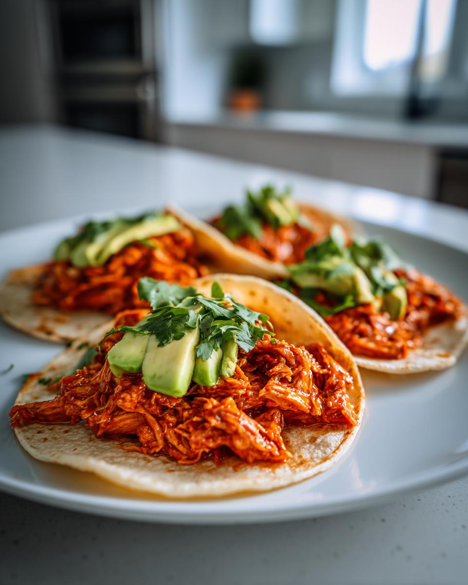 Three soft tacos filled with shredded, saucy chicken tinga, topped with sliced avocado and fresh cilantro.