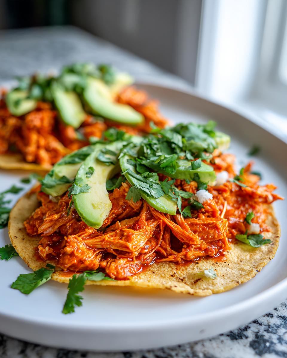 Two open-faced tacos filled with saucy shredded chicken tinga, topped with sliced avocado and fresh cilantro.