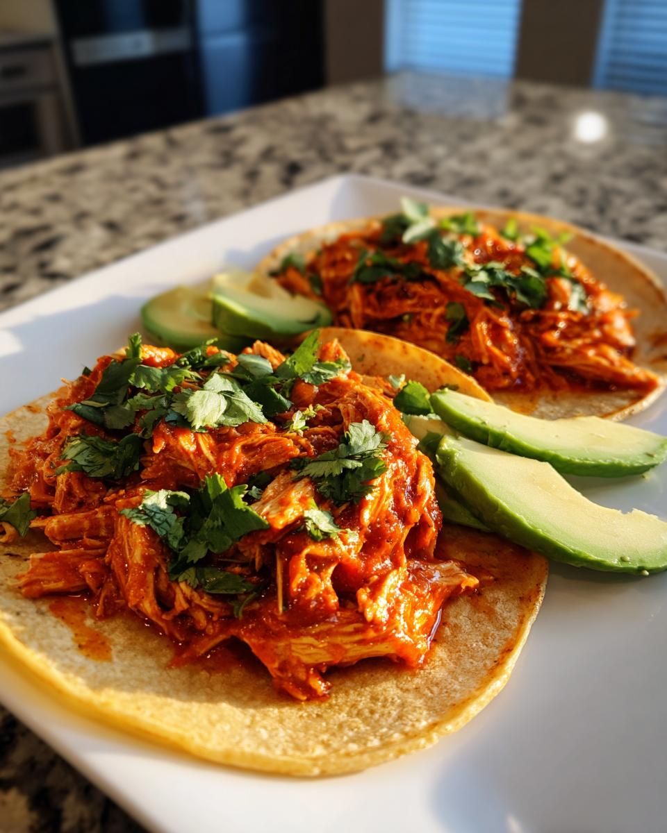 Two corn tortillas filled with saucy shredded chicken tinga and topped with fresh cilantro and avocado slices.