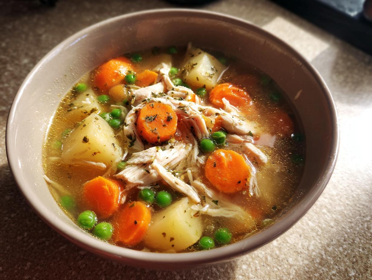 A close-up of a bowl of homemade chicken vegetable soup featuring shredded chicken, carrots, potatoes, and peas in broth.