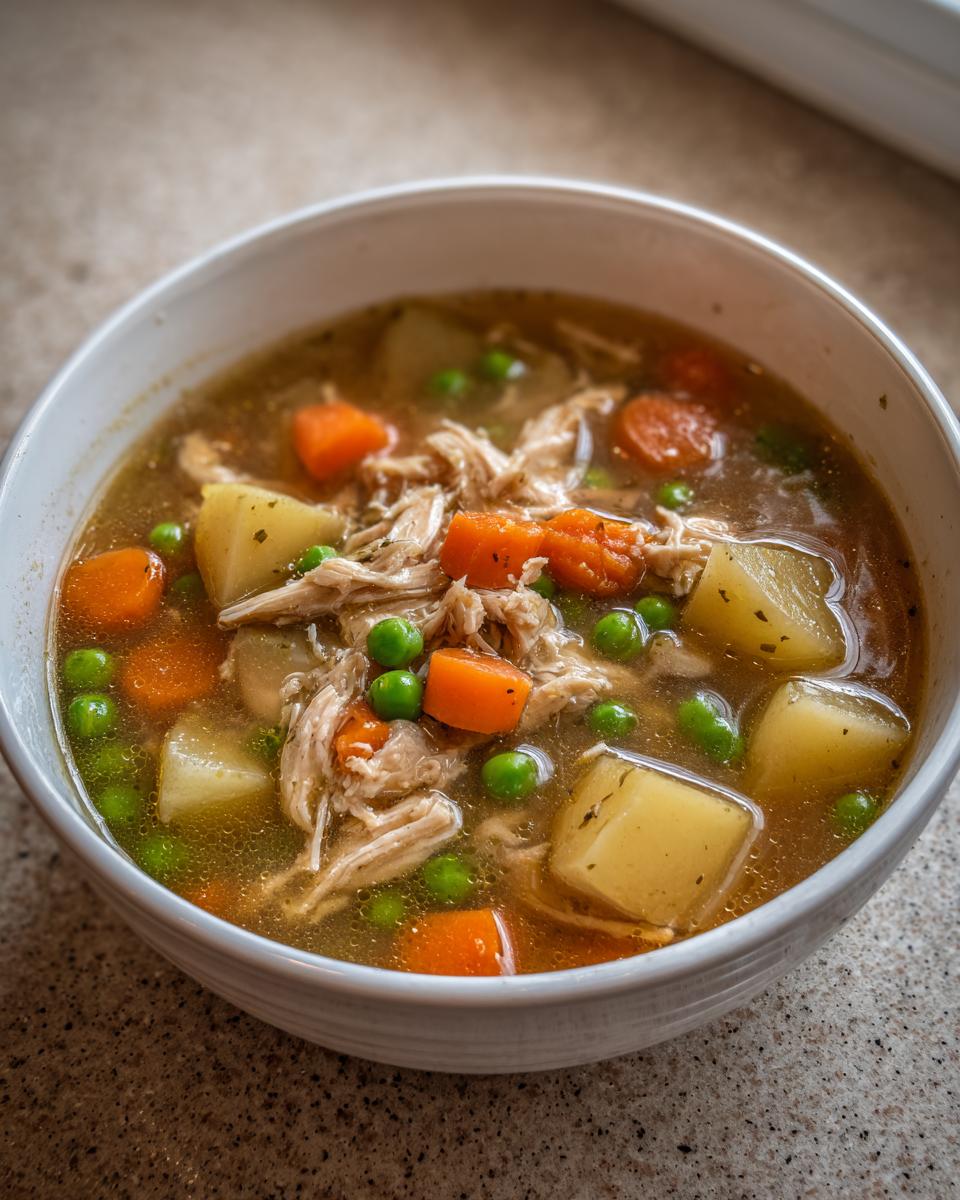 Close-up of a bowl of rich chicken vegetable soup featuring shredded chicken, carrots, peas, and potatoes.