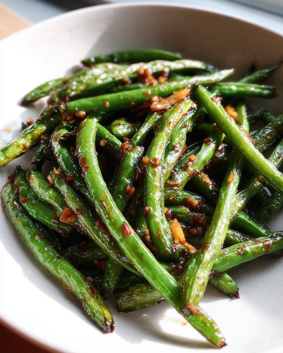 A close-up of vibrant, blistered chinese green beans with garlic sauce coating them in a white bowl.