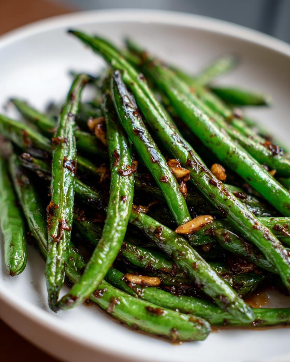 Vibrant, glossy chinese green beans with garlic sauce served in a white bowl.