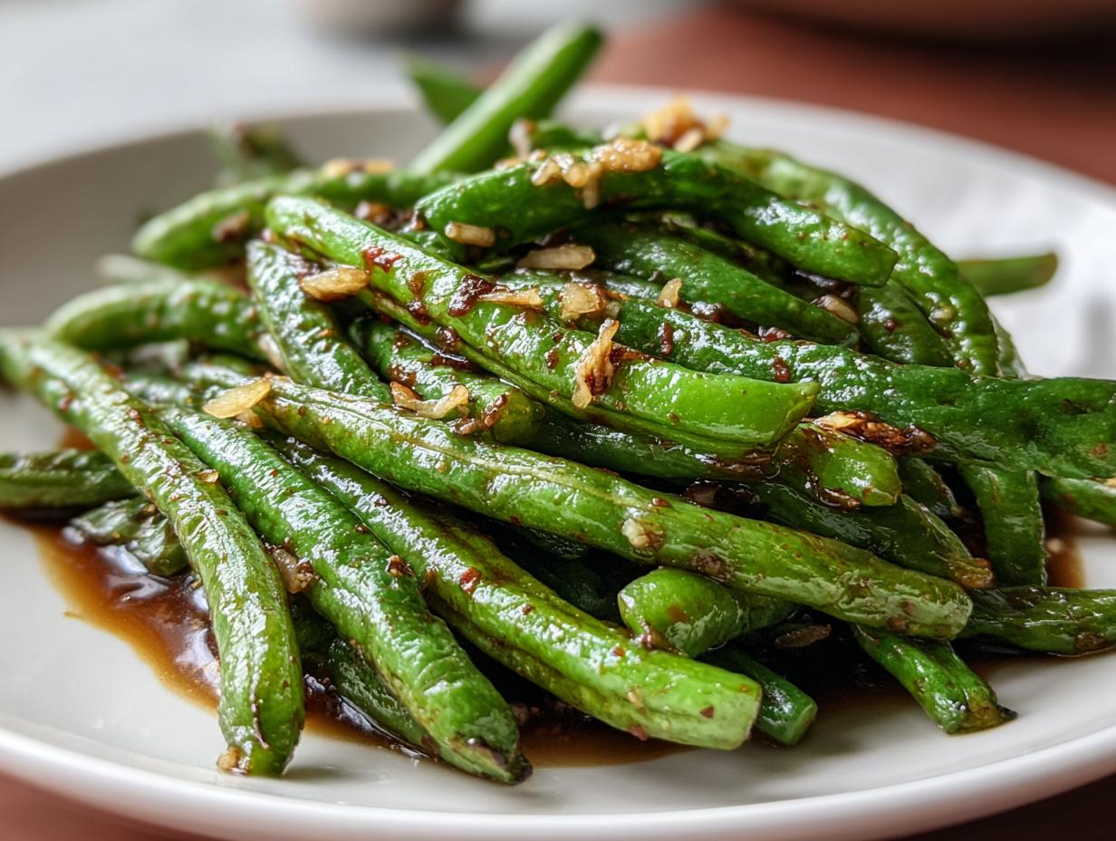 A close-up of bright green, glossy chinese green beans with garlic sauce piled on a white plate.