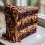 A decadent slice of chocolate caramel toffee crunch cake showing layers of dark cake and gooey caramel filling.