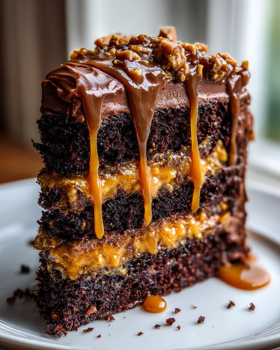 A decadent slice of chocolate caramel toffee crunch cake featuring three dark layers, caramel filling, and dripping chocolate frosting.