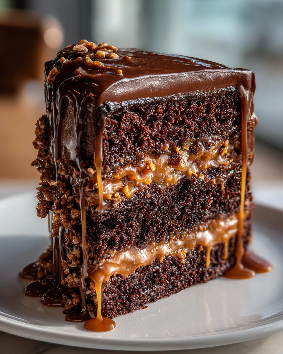 Close-up of a decadent slice of chocolate caramel toffee crunch cake with rich frosting and dripping caramel.