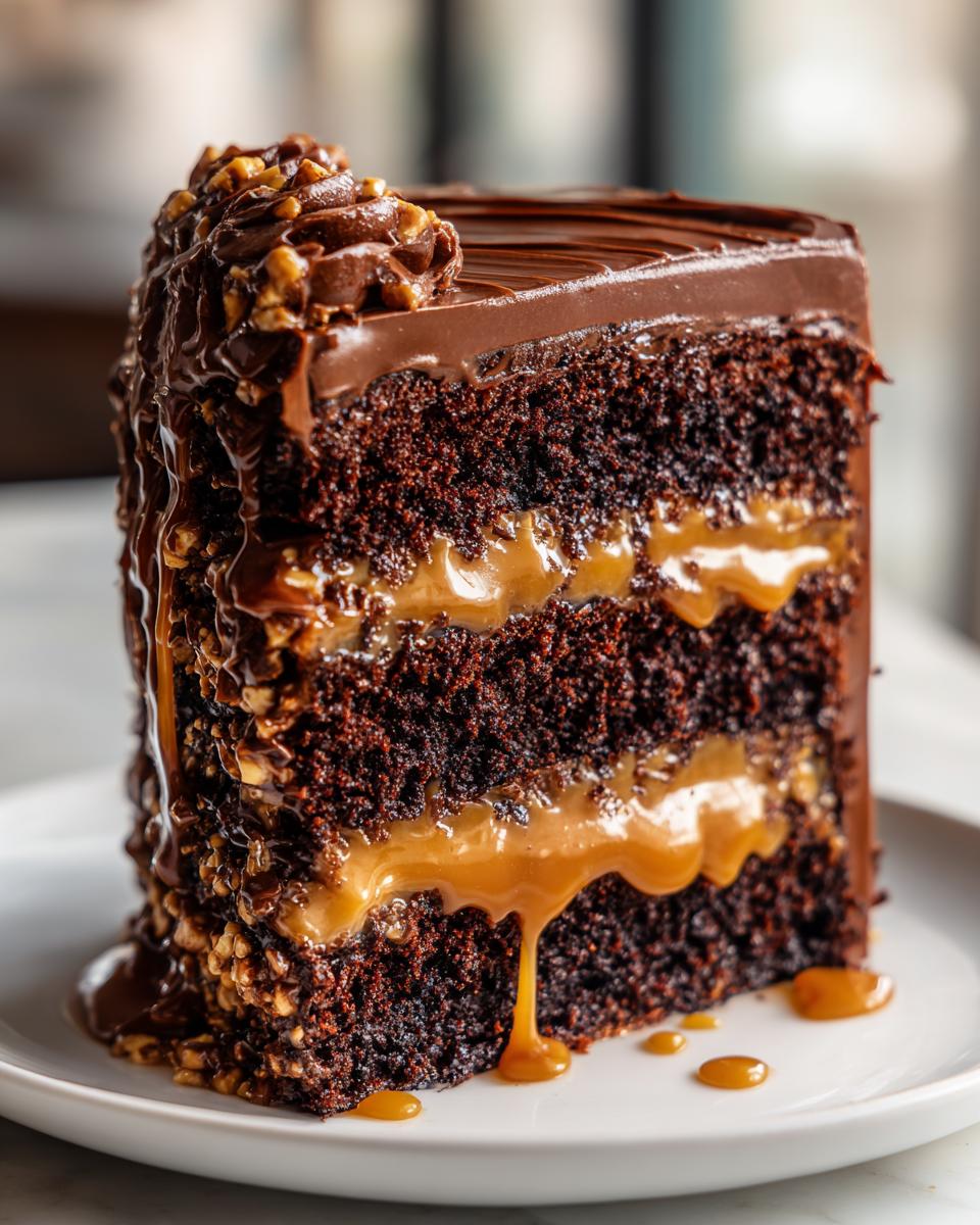A decadent slice of chocolate caramel toffee crunch cake showing three layers of dark cake and gooey caramel filling.