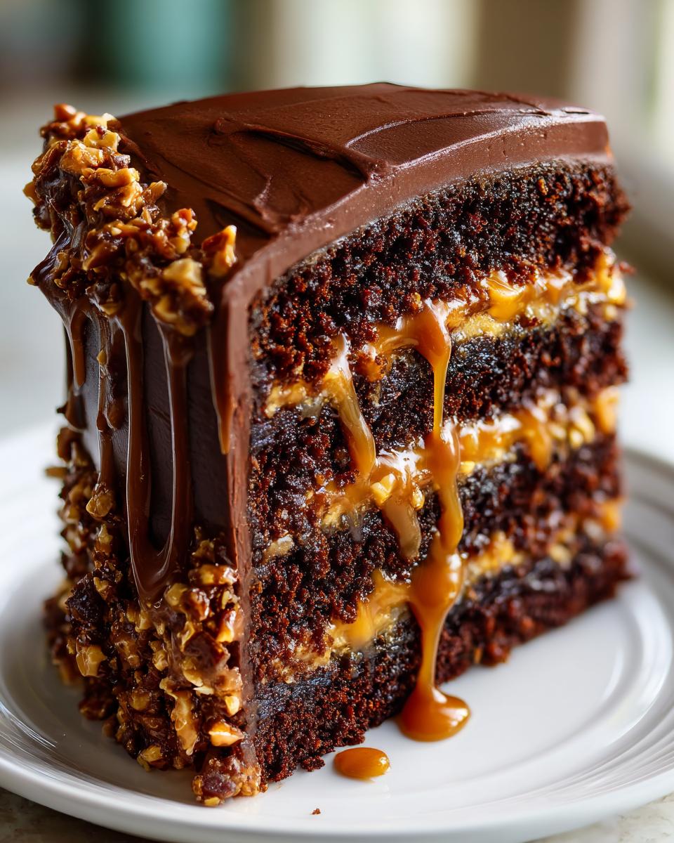 A decadent slice of chocolate caramel toffee crunch cake showing layers of dark cake, caramel, and crunchy nuts.