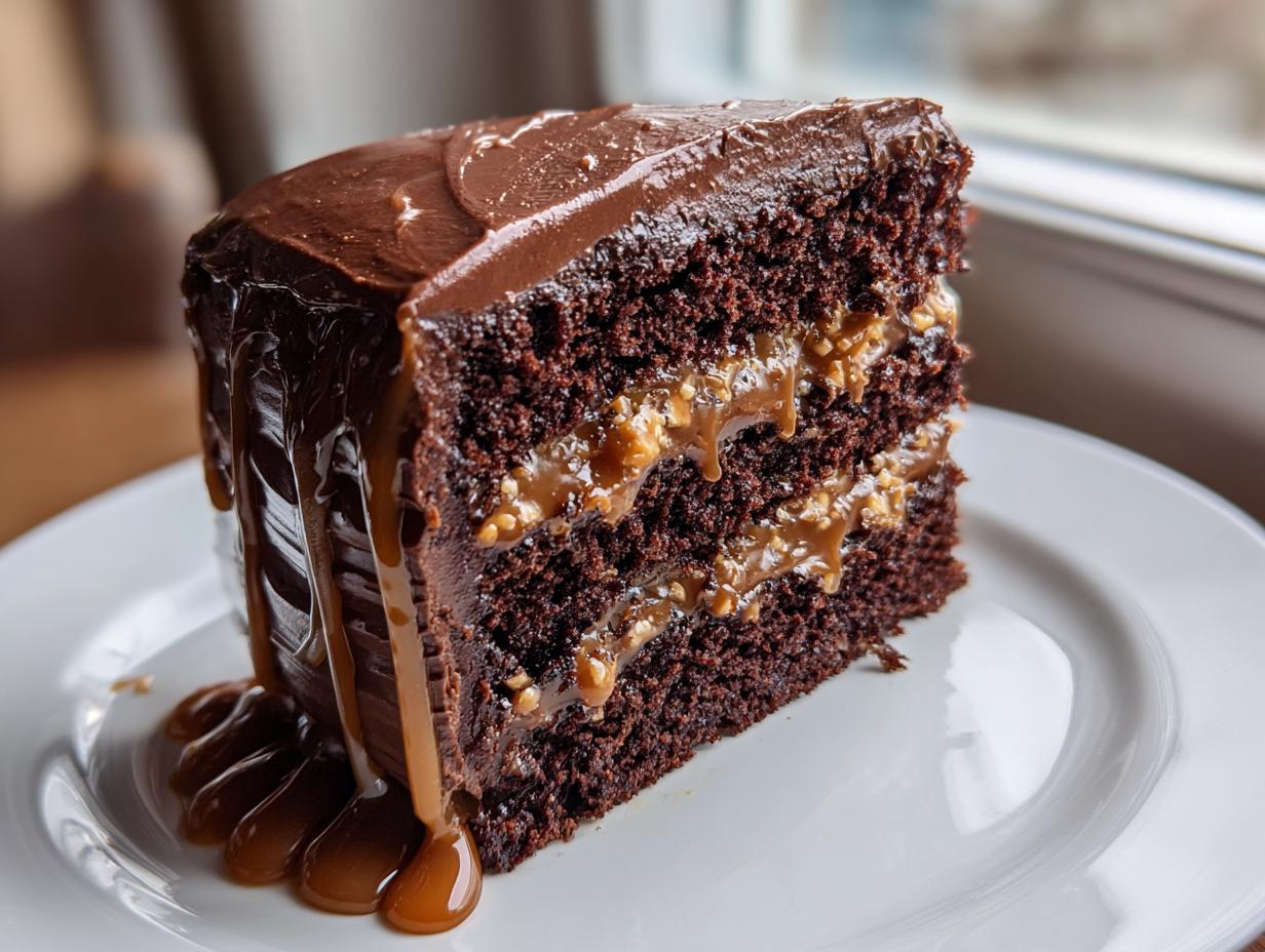 A decadent slice of chocolate caramel toffee crunch cake with layers of dark cake and caramel filling.