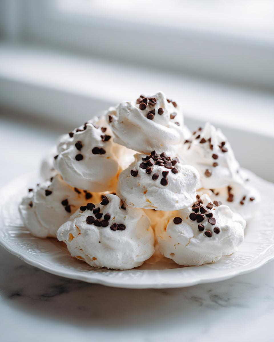 A stack of light, fluffy meringue cookies topped with mini chocolate chips, known as forgotten cookies.