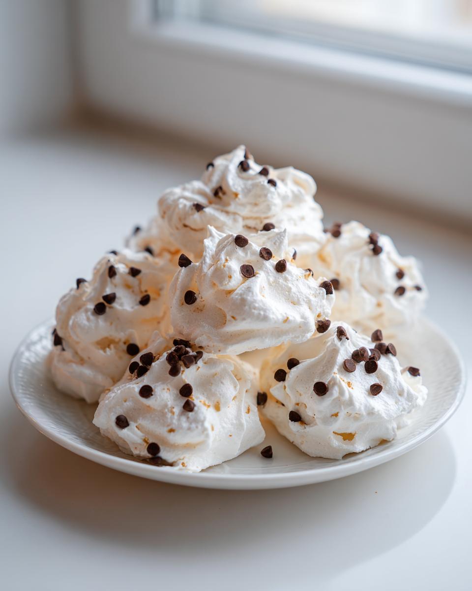 A pile of white, fluffy meringue kisses topped with mini chocolate chips, presented on a white plate.