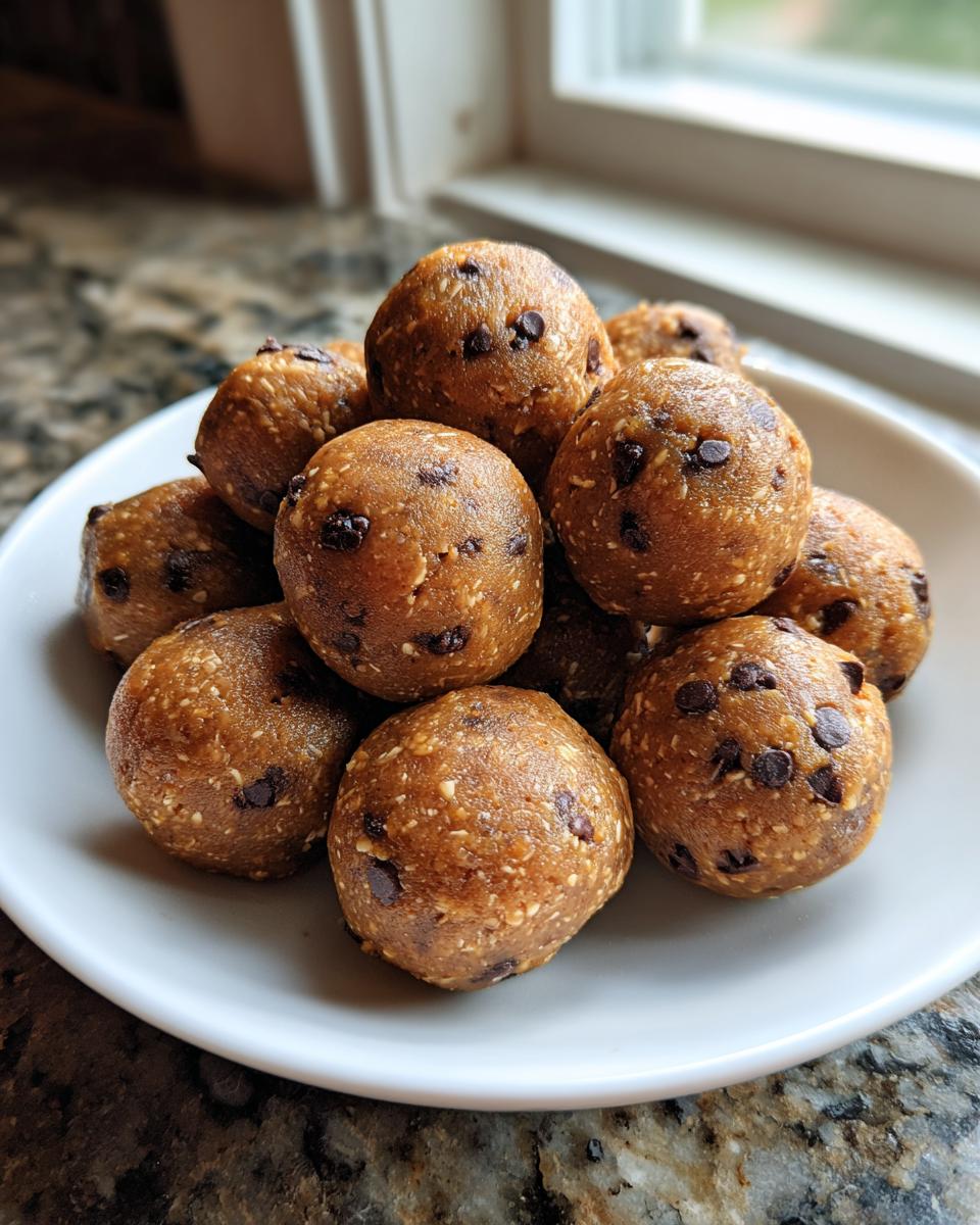 A stack of homemade chocolate chip protein balls resting on a white plate near a window.