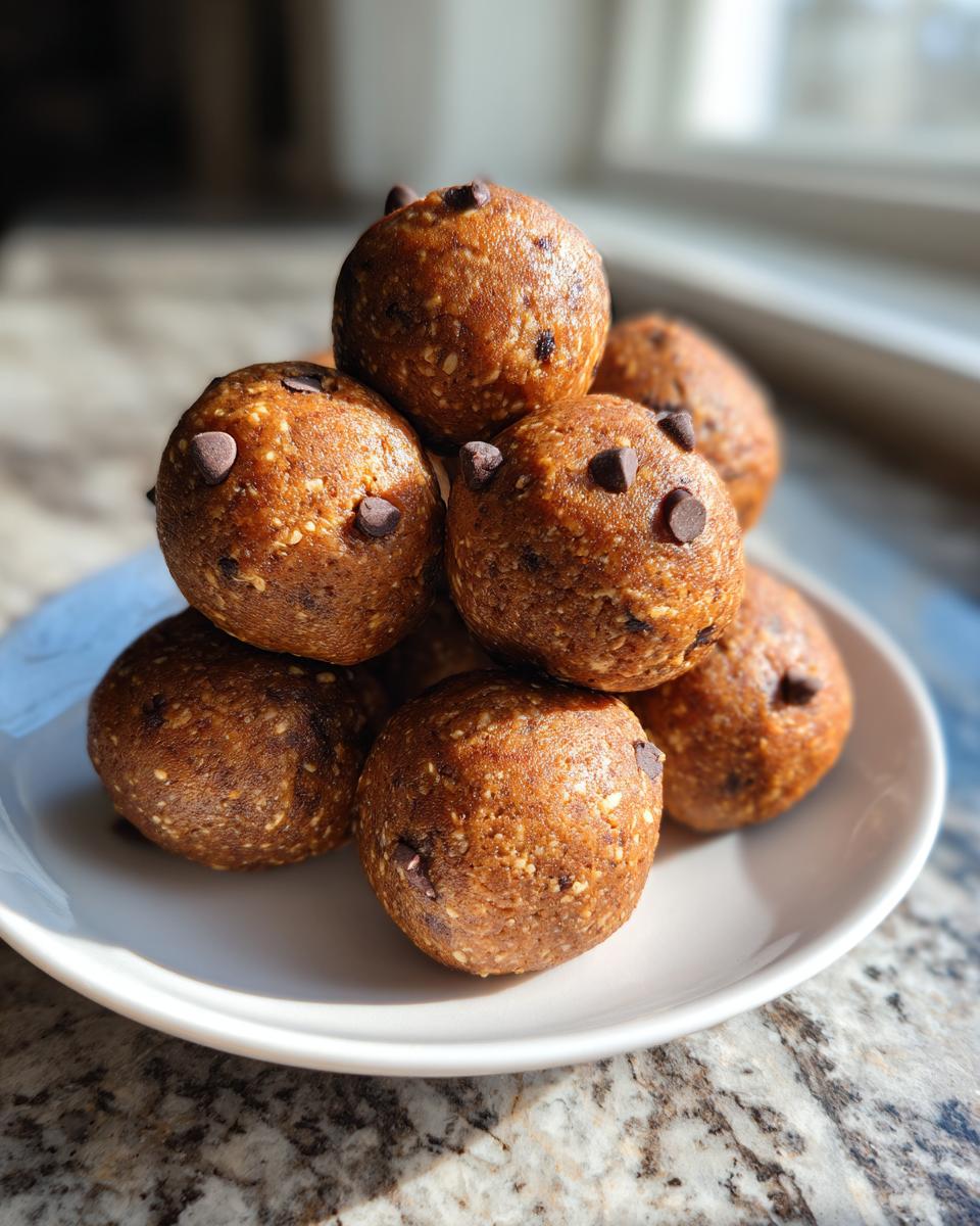 A stack of homemade chocolate chip protein balls piled high on a small white plate, ready for snacking.
