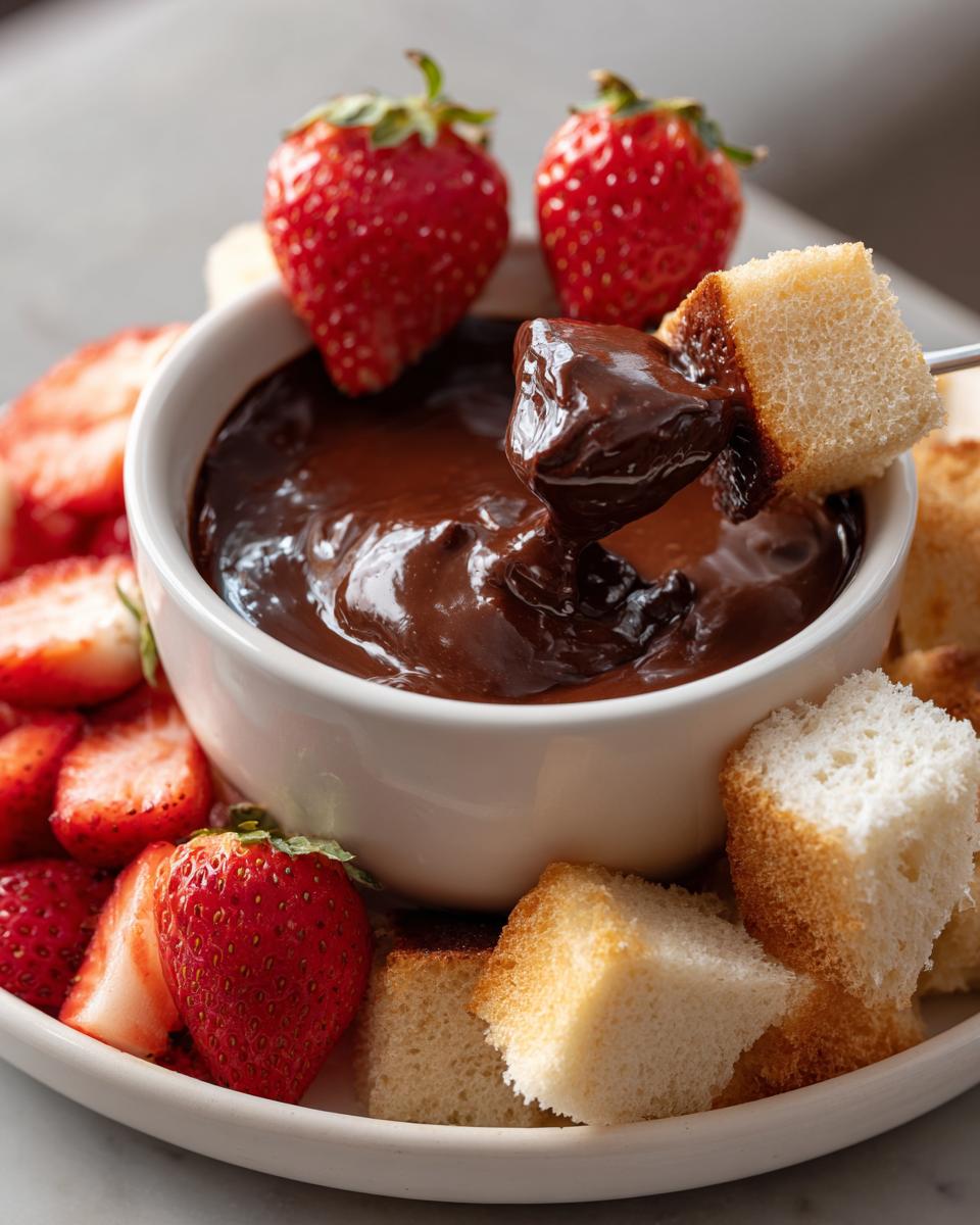 A piece of cake is dipped into a bowl of rich chocolate fondue, surrounded by fresh strawberries.