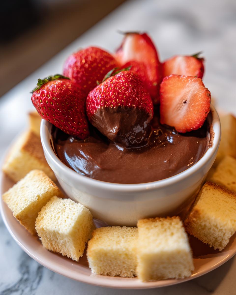 Close-up of rich chocolate fondue with fresh strawberries and pound cake cubes ready for dipping.