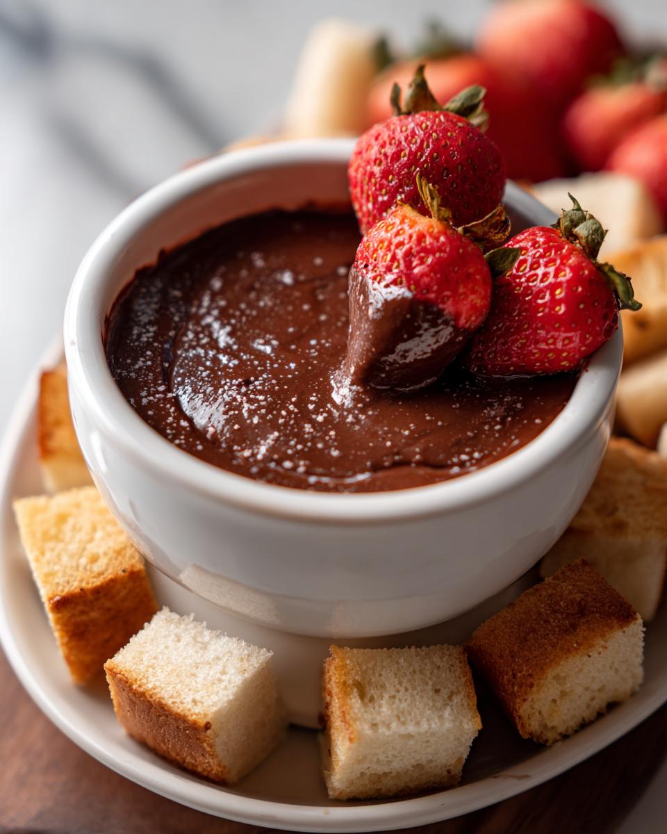 A white bowl filled with rich chocolate fondue, topped with powdered sugar, and garnished with strawberries, one dipped in the chocolate fondue.