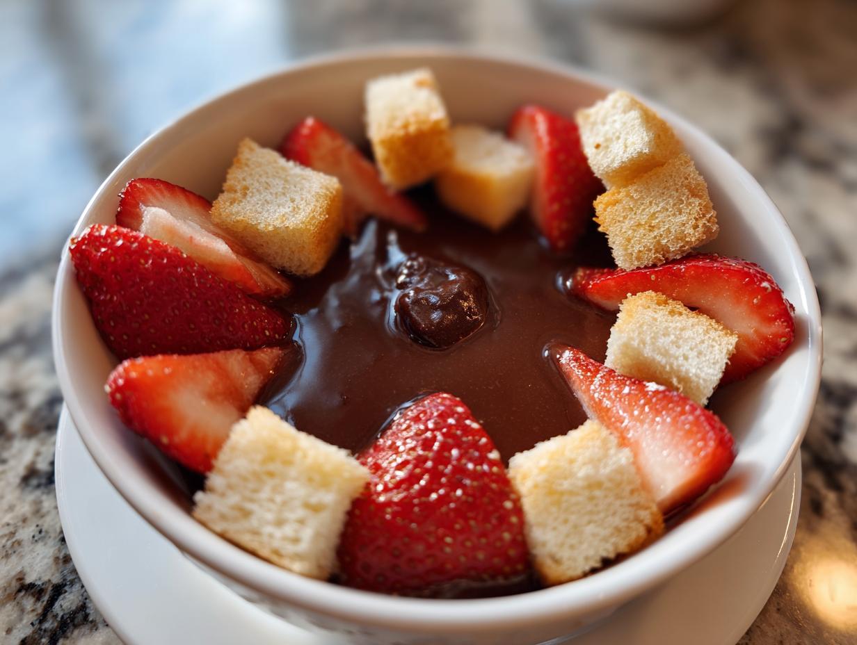 A white bowl filled with rich chocolate fondue surrounded by fresh strawberry slices and cubes of pound cake.