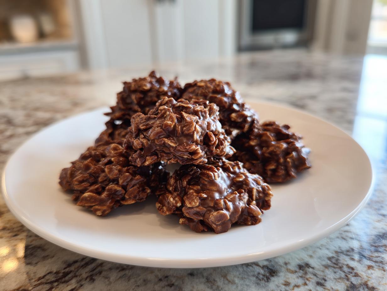 A close-up of several rich, chocolatey no bake cookies piled on a white plate.