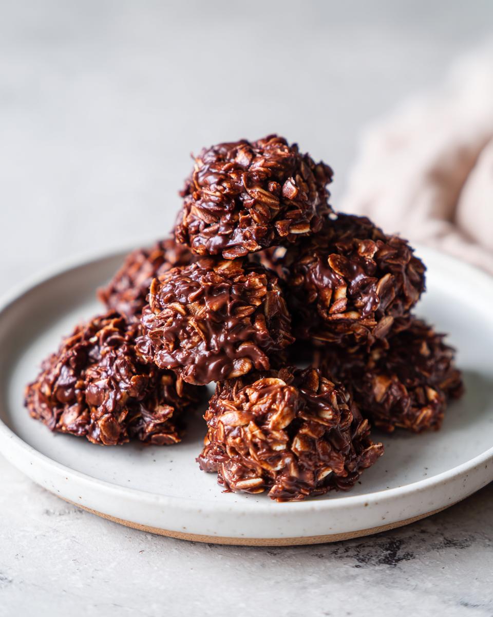 A stack of rich, chocolatey no bake cookies made with oats, piled high on a light ceramic plate.