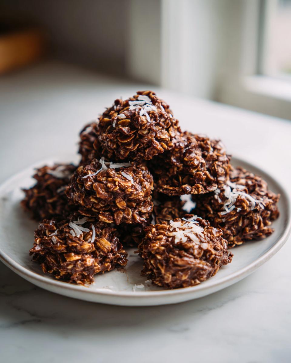 A stack of rich, dark chocolate no bake cookies made with oats and topped with shredded coconut.