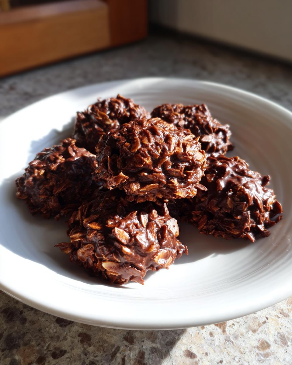 A small pile of rich, dark chocolate no bake cookies studded with oats, resting on a white plate.