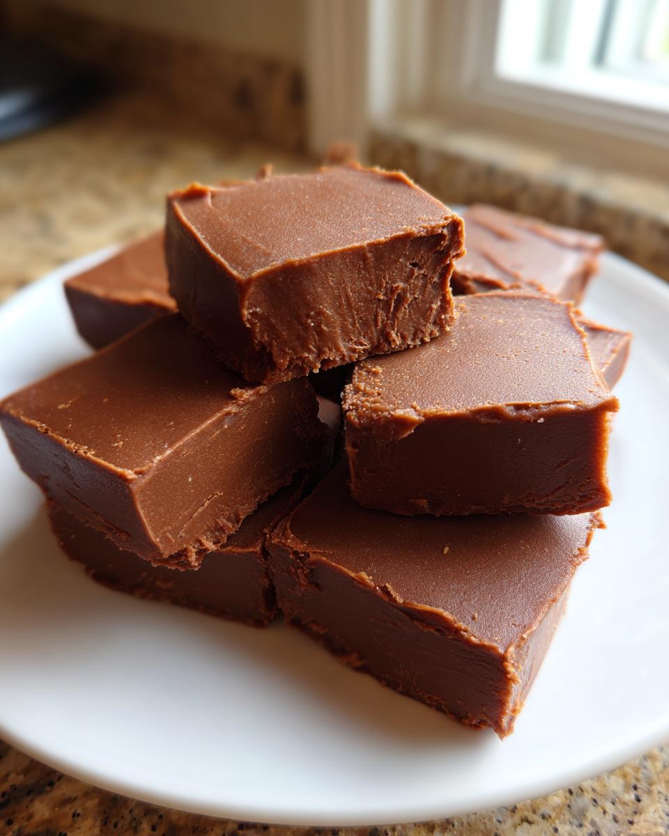 Stack of rich, dark chocolate squares from a peanut butter fudge recipe on a white plate.