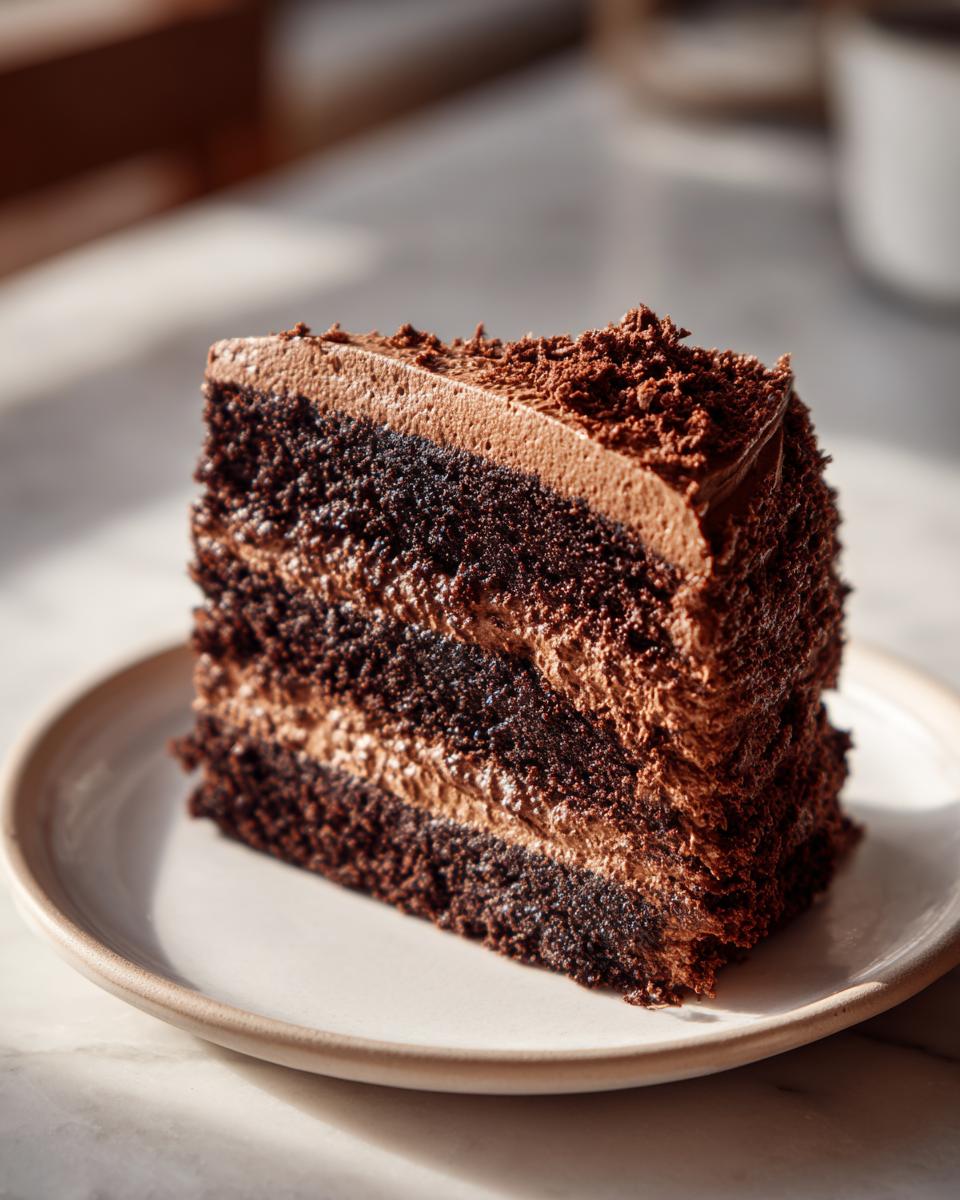 A decadent slice of dark chocolate layer cake, likely a Capricorn cake, with chocolate frosting.