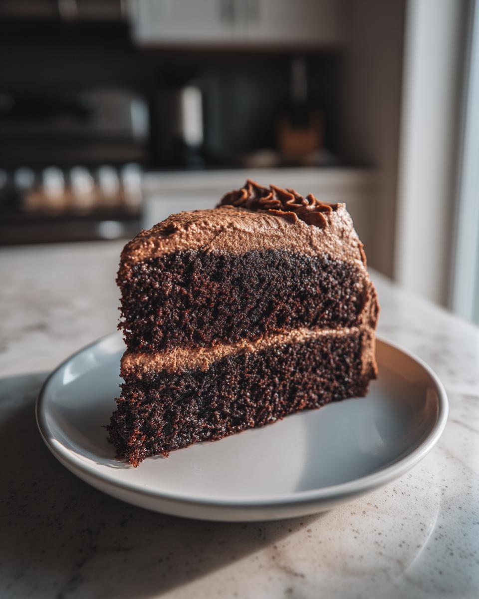 A decadent slice of dark chocolate layer capricorn cake with chocolate frosting on a white plate.