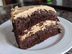 A close-up slice of dark chocolate Capricorn cake layered with tan-colored frosting, served on a white plate.