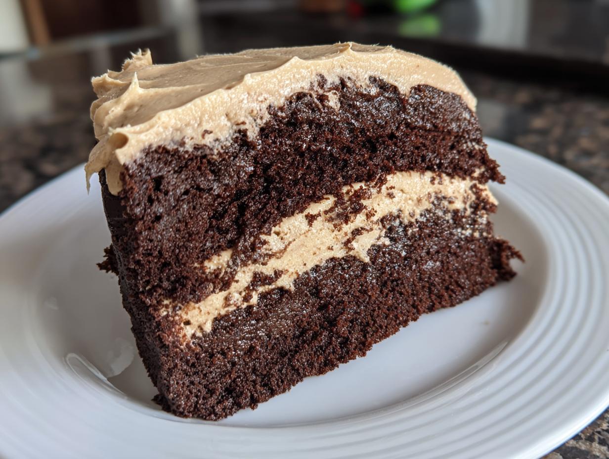 A close-up slice of dark chocolate Capricorn cake layered with tan-colored frosting, served on a white plate.