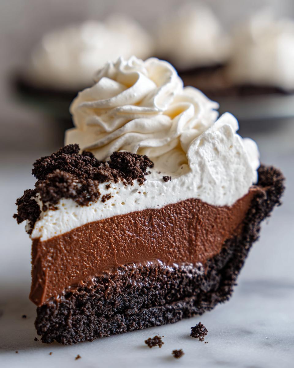 Close-up of a slice of Christmas chocolate cream pie showing three layers: dark crust, rich chocolate filling, and white whipped cream topping.