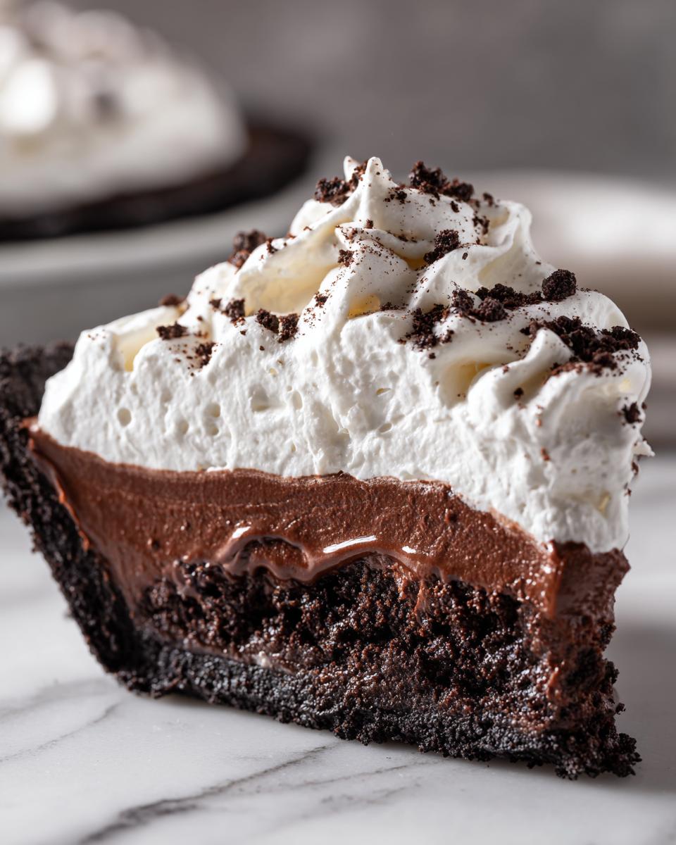 A decadent slice of Christmas chocolate cream pie featuring a dark crust, rich chocolate filling, and tall swirl of whipped cream.