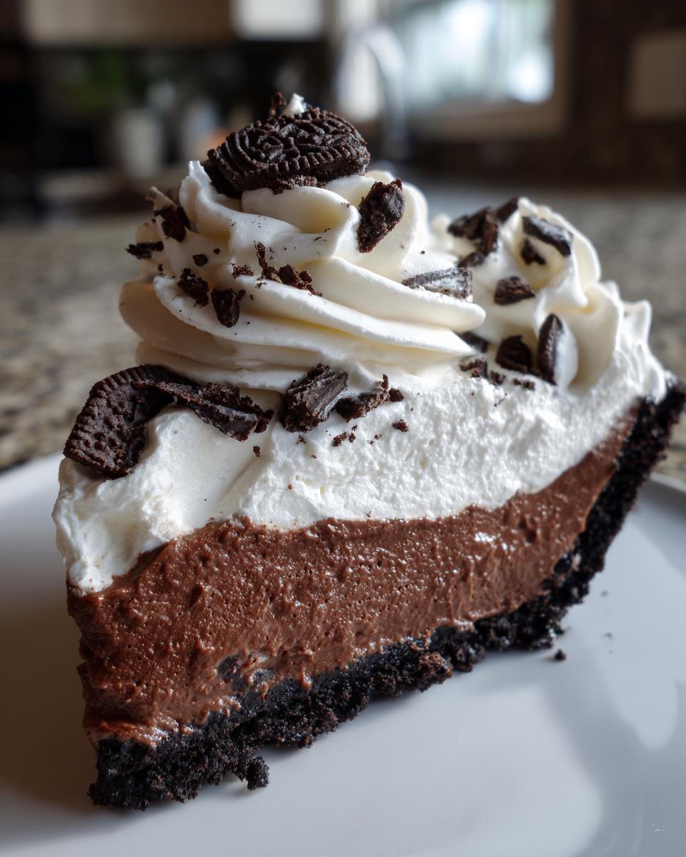 A decadent slice of Christmas chocolate cream pie featuring a dark crust, rich chocolate filling, and whipped cream topped with cookies.