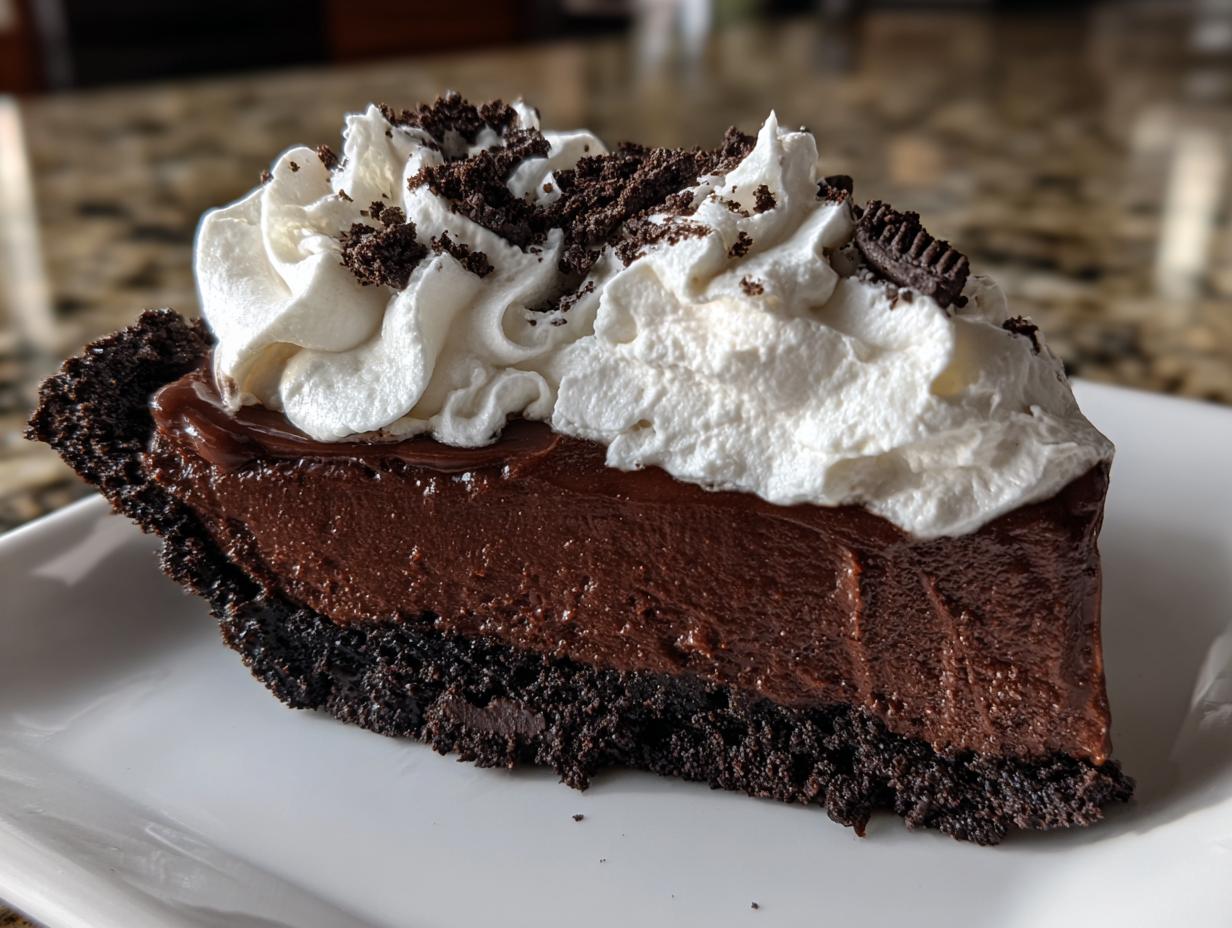 A decadent slice of Christmas chocolate cream pie featuring a dark chocolate filling, cookie crust, and whipped cream topping.